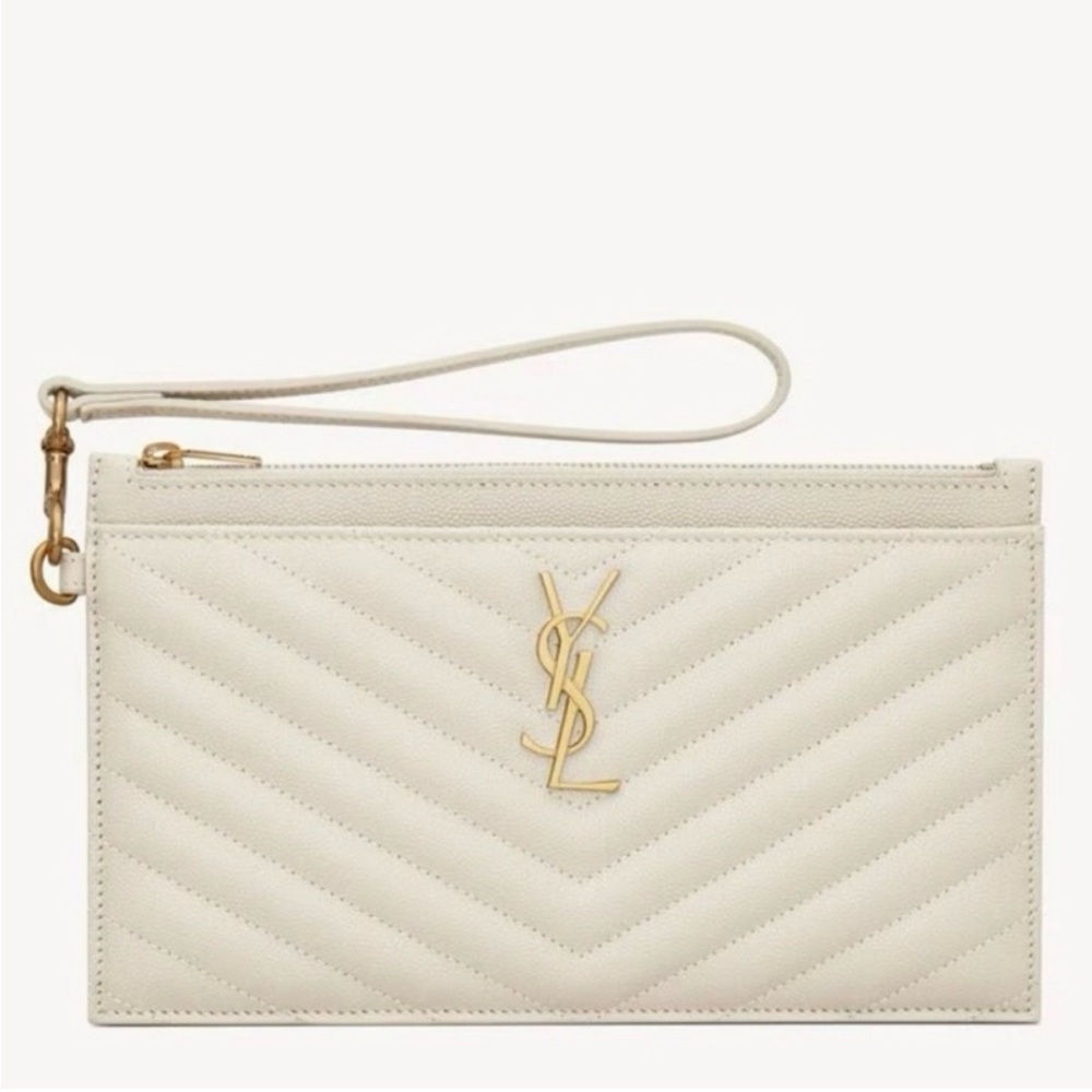 Yves Saint Laurent Cream Quilted Leather Wristlet Clutch with Gold Hardware